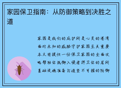 家园保卫指南：从防御策略到决胜之道